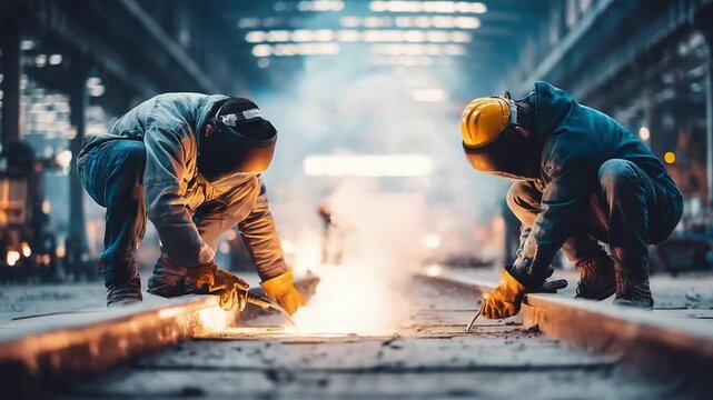 Two workers in protective gear welding metal rails in an industrial workshop.