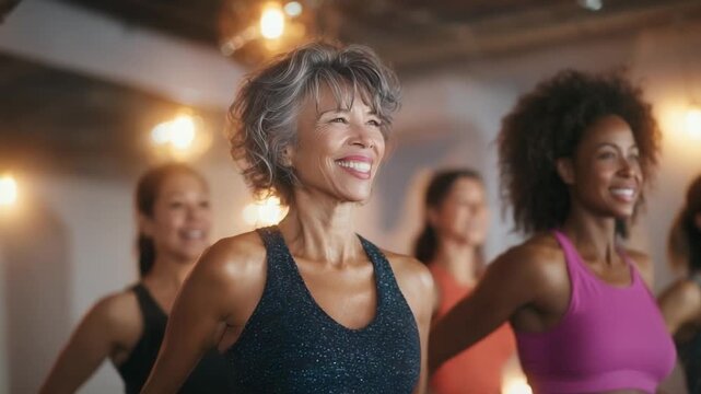 Group of diverse women in a dance/fitness class, wearing colorful workout outfits and smiling in a bright studio.