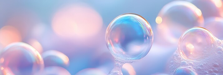 A close-up view of colorful soap bubbles, reflecting light and creating a soft, dreamy atmosphere against a pastel background.