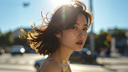 A captivating portrait of a stylish young woman with windswept hair, backlit by bright sunlight on a bustling city street. Ideal for lifestyle and urban fashion content.
