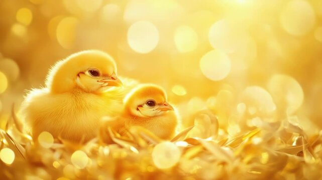 Golden light envelops two fluffy yellow chicks nestled in straw. Mother's Day, Mothering Sunday, Dia de la Madre - Global Maternal Celebration, Worldwide Family Holiday