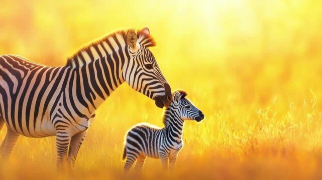 Zebra and foal in golden field during sunset. Mother's Day, Mothering Sunday, Dia de la Madre - Global Maternal Celebration, Worldwide Family Holiday