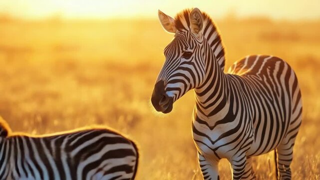 Zebra mother and foal in golden sunset on african savanna. Mother's Day, Mothering Sunday, Dia de la Madre - Global Maternal Celebration, Worldwide Family Holiday