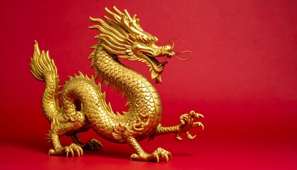 Golden dragon statue against red background