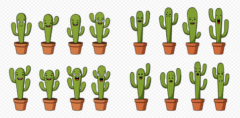 Collection of cartoon cactus plants in pots, each displaying a different facial expression.