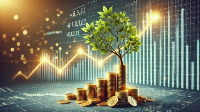 Financial growth and investment concept illustration. Growing money tree for profit. Stock exchange graph, investment opportunity to success and wealth, financial planning