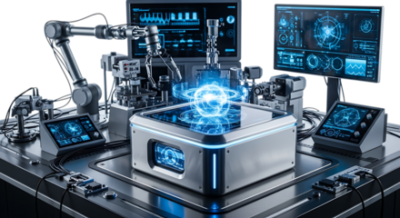 Advanced robotic arm and futuristic technology isolated on transparent background, performing precision work in a hightech laboratory setting, perfect for illustrating innovation, automation, and the 