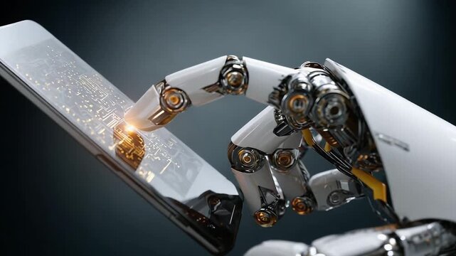 A robotic prosthetic hand holding a smartphone.