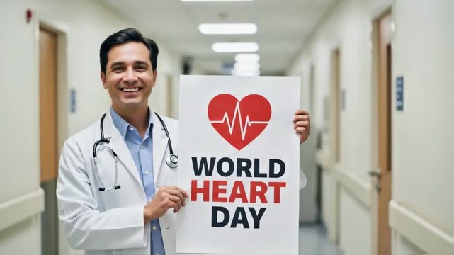 A smiling young male doctor in a white coat with a stethoscope holds a "World Heart Day" sign in a hospital corridor, promoting heart health awareness and medical care