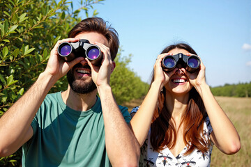 Happy young couple looking through binoculars together while hiking or birdwatching in nature. Man and woman on adventure, exploring landscape and searching for wildlife on sunny summer day