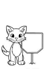 Fototapeta premium Educational coloring pages: An adorable cartoon cat stands proudly beside a blank sign, offering a clean canvas for your message.