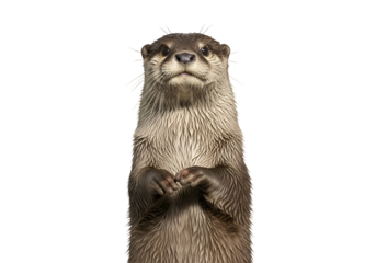 A captivating otter, standing upright against a stark black backdrop, displays an inquisitive expression.