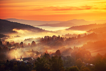 Fototapeta premium Morning mountain landscape, autumn seasonal background, amazing sunrise