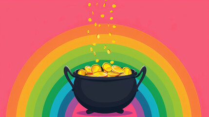 Illustration of a black cauldron overflowing with gold coins against a vibrant rainbow backdrop, ideal for treasure themes