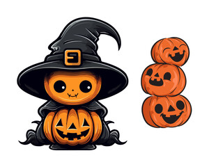Cute Halloween Pumpkin Character Wearing a Witch Hat and Stacked Pumpkins