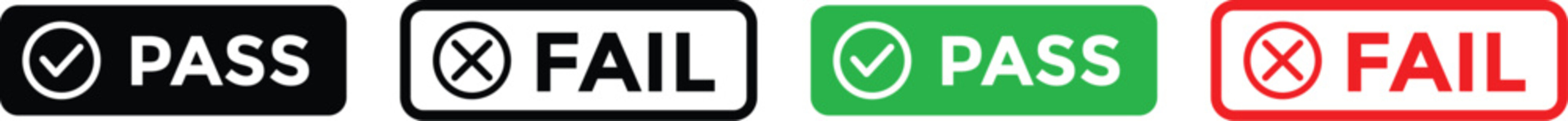pass and fail icon set. Green check mark and red cross icons. Approve and reject web interface element vector illustration. Yes and No circle button symbols for vote, survey, or quiz choice.