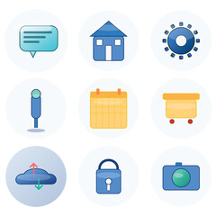 Flat Round Icons Set Chat Home Calendar Camera Lock Cloud