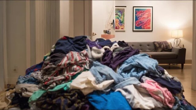 A huge pile of clothes piled on the floor in a living room, like a laundry mountain.