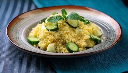 Colorful Couscous Dish With Golden Couscous And Crunchy Cucumber