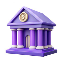 Minimalist 3d purple bank building symbol with golden dollar sign icon isolated on white background