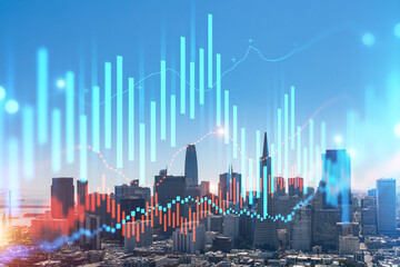 Financial graph overlay on San Francisco city skyline with modern skyscrapers.