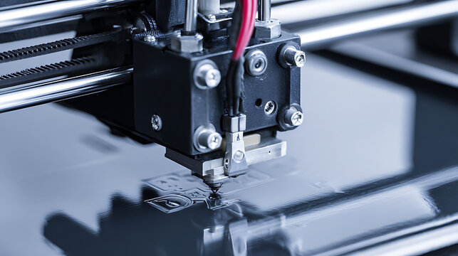 Close-up of a 3D printer extruder head in operation, depositing material onto a build platform.