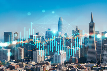 San Francisco skyline with digital graph overlay and data concept visuals.