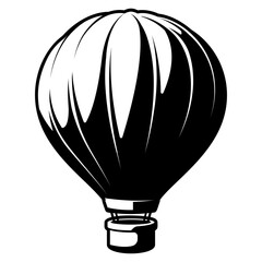 Black and white silhouette illustration of a hot air balloon with simple basket isolated on white background in vector style.