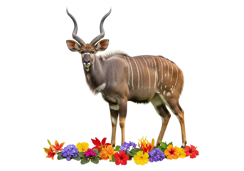 Majestic antelope, framed by vibrant blossoms, against a striking black backdrop.