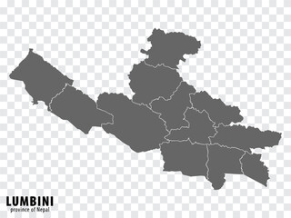 Blank map Lumbini Province of Nepal. High quality map Lumbini Province with districts on transparent background for your web site design, logo, app, UI. Nepal.  EPS10. 