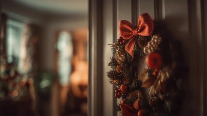 A festive Christmas wreath with red ribbons and pinecones hangs on a door, with warm bokeh lights and a cozy room in the blurred background. - Powered by Adobe
