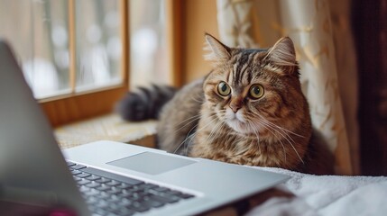 Paws and Pixels: A Surprised Cute Cat Gazes at the Laptop Screen on a Wooden Table