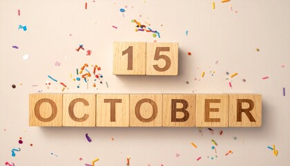 Wooden Blocks with Date 15 October. Calendar for birthday or anniversary on solid colored background with confetti
