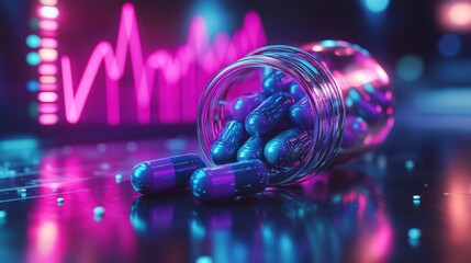 A vibrant jar spills colorful capsules, set against a backdrop of glowing graphs, symbolizing health and technology.