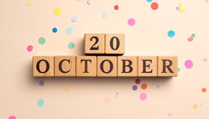 Wooden Blocks with Date 20 October. Calendar for birthday or anniversary on solid colored background with confetti