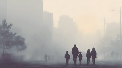 Silhouettes of a family walk through a dense hazy urban street shrouded in fog or pollution