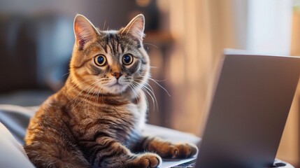 Paws and Pixels: A Surprised Cute Cat Gazes at the Laptop Screen on a Wooden Table