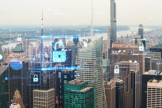 Cybersecurity overlay on Manhattan skyline with digital padlocks and data icons.
