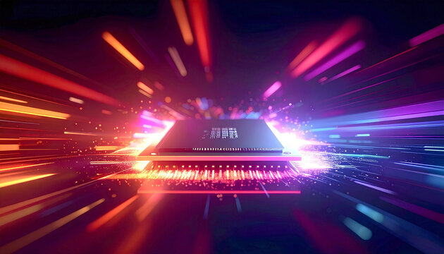 Ultra-fast futuristic glowing CPU microchip with jagged neon light trails and motherboard circuit background