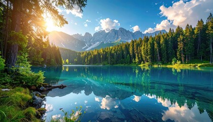 Naklejka premium Scenic Lake Reflecting Mountains and Forest Under Blue Sky with Golden Light in Flygen Forest with Cinematic HDR Nature Photography