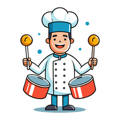 Creative vector illustration of a happy male chef playing drums with saucepans, fun culinary music concept, clean white background
