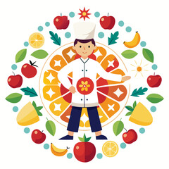 Male Chef Creating Beautiful Fruit Mandala Pattern Artistic Culinary Design Fresh Healthy Food Vector Illustration White Background