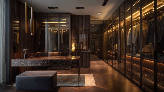 Modern luxury dressing room with dark wood panels, glass wardrobe, and stylish vanity table illuminated by golden accent lights