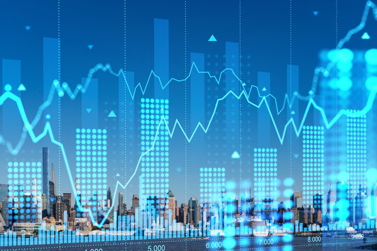 Manhattan skyline with digital financial charts overlayed on blue background. - Powered by Adobe