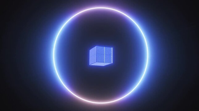 Futuristic digital interface with glowing blue and purple neon elements and circular patterns.