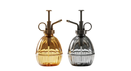 Elegant plant mister set isolated on transparent background, featuring a vintageinspired design with a glass bottle and metal pump, perfect for watering delicate plants and adding a touch of sophistic