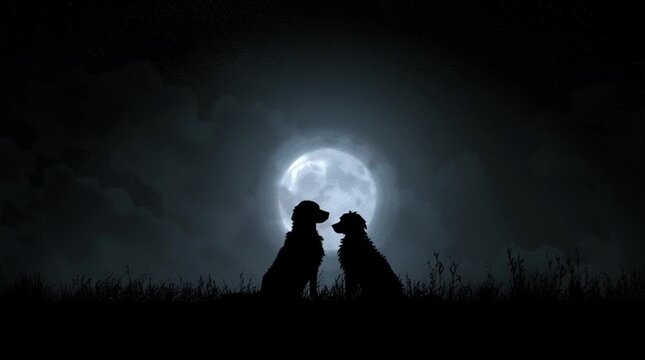 Silhouette of two dogs under a full moon, creating a serene and romantic night scene.