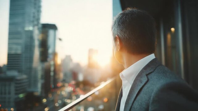A man in a suit gazes at a sunlit city skyline from a high-rise window.