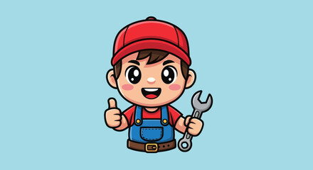 Cute Cartoon Mechanic Boy Giving Thumbs Up with Wrench.
