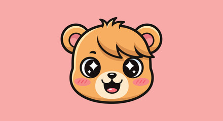 Cute cartoon bear face illustration with big sparkling eyes and a happy smile.